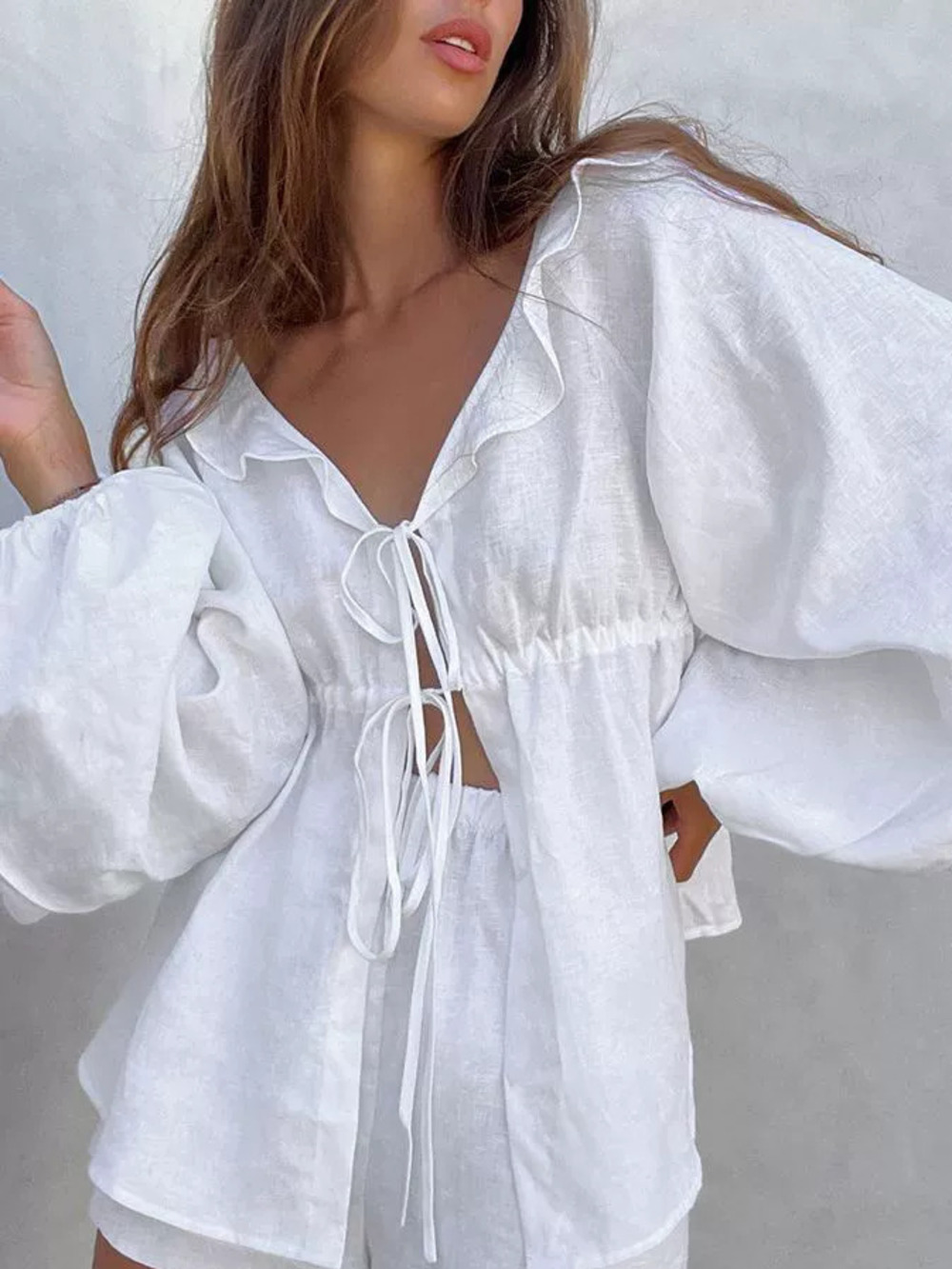 ZARA Spring Summer Cotton Linen Puff Sleeve Tie Neck Ruffle Loose Comfy Set